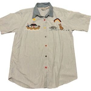 90's Vintage Striped Noah's Ark Embroidered Top Multicolored Buttons Medium